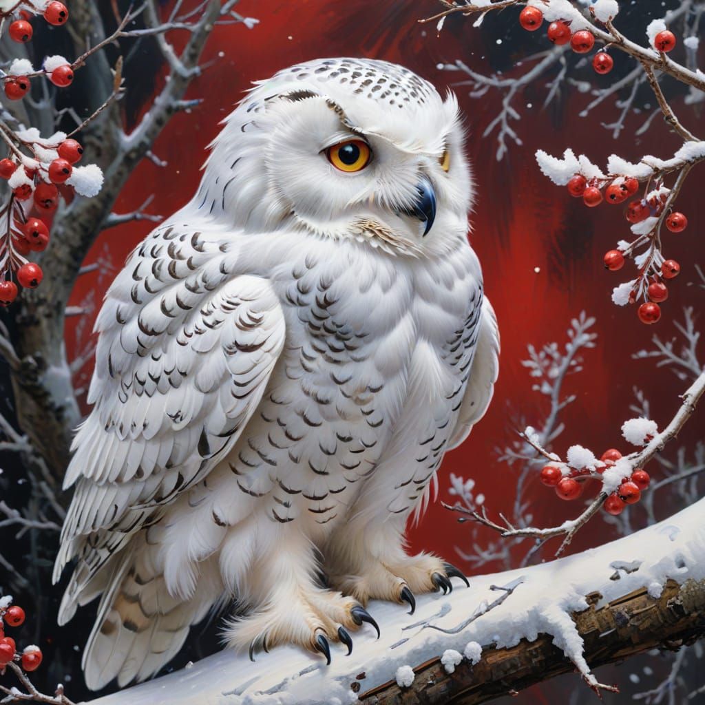 Snowy Owl on Berry Branch Gouache Painting