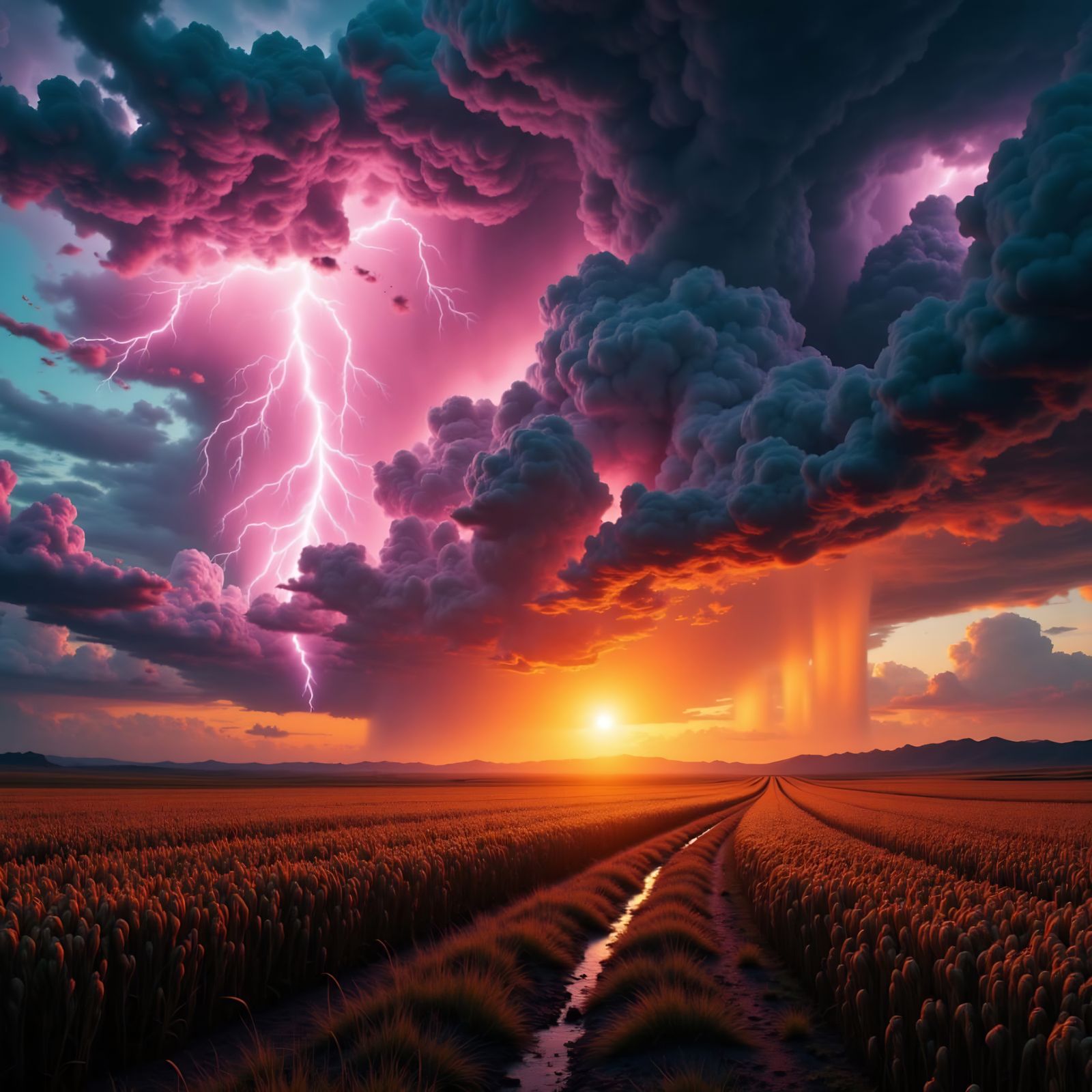 Enchanting Storm Landscape with Tornado and Lightning