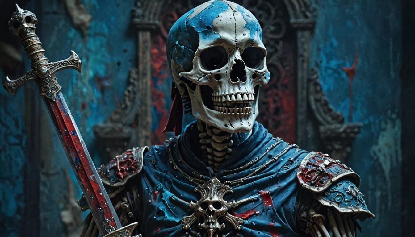 Chromo Skeleton Head with Sword and Blood