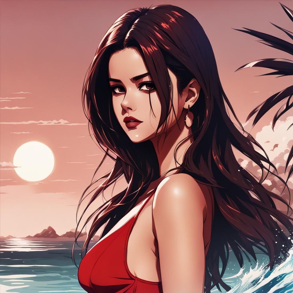 Selena Gomez in Red Swimsuit, Cel-Shaded Anime Style