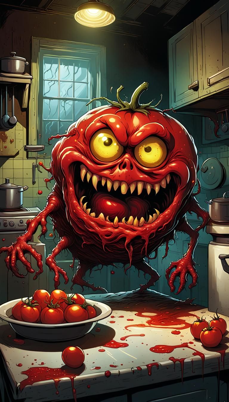 Tomato Monster in Kitchen, Comic Book Horror Style