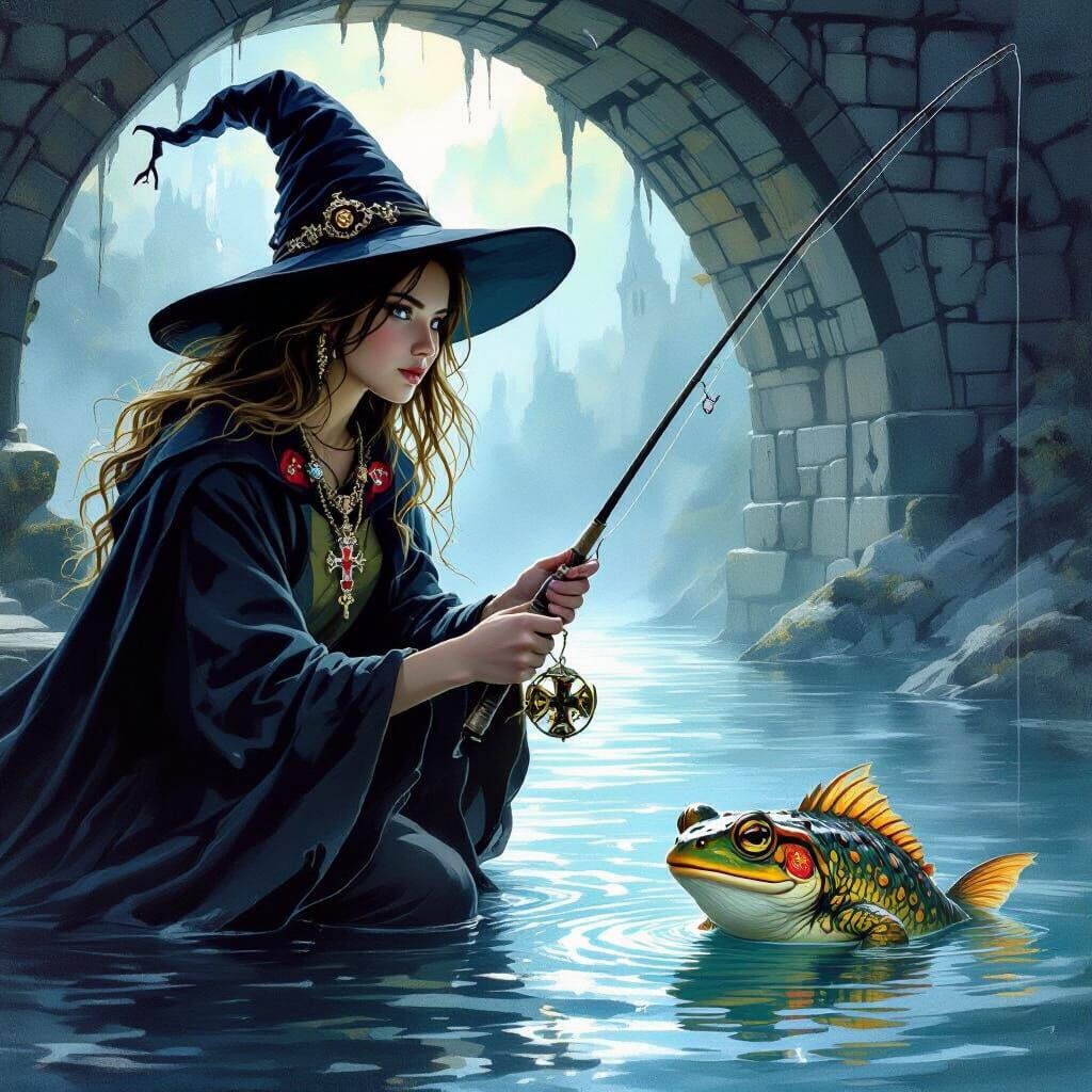 Witch Fishes Toad-Faced Catch on Hogwarts Bridge