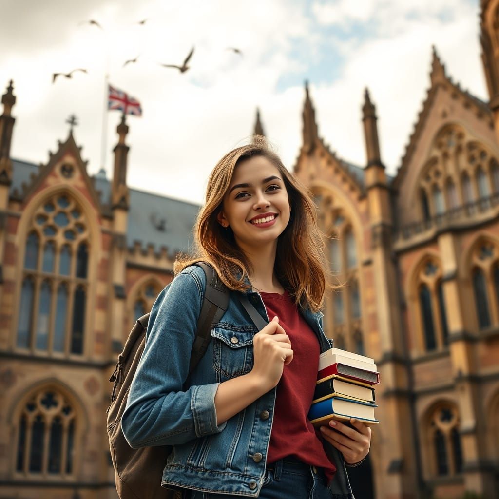 Confident Student in Front of Historic University of Roehamp...