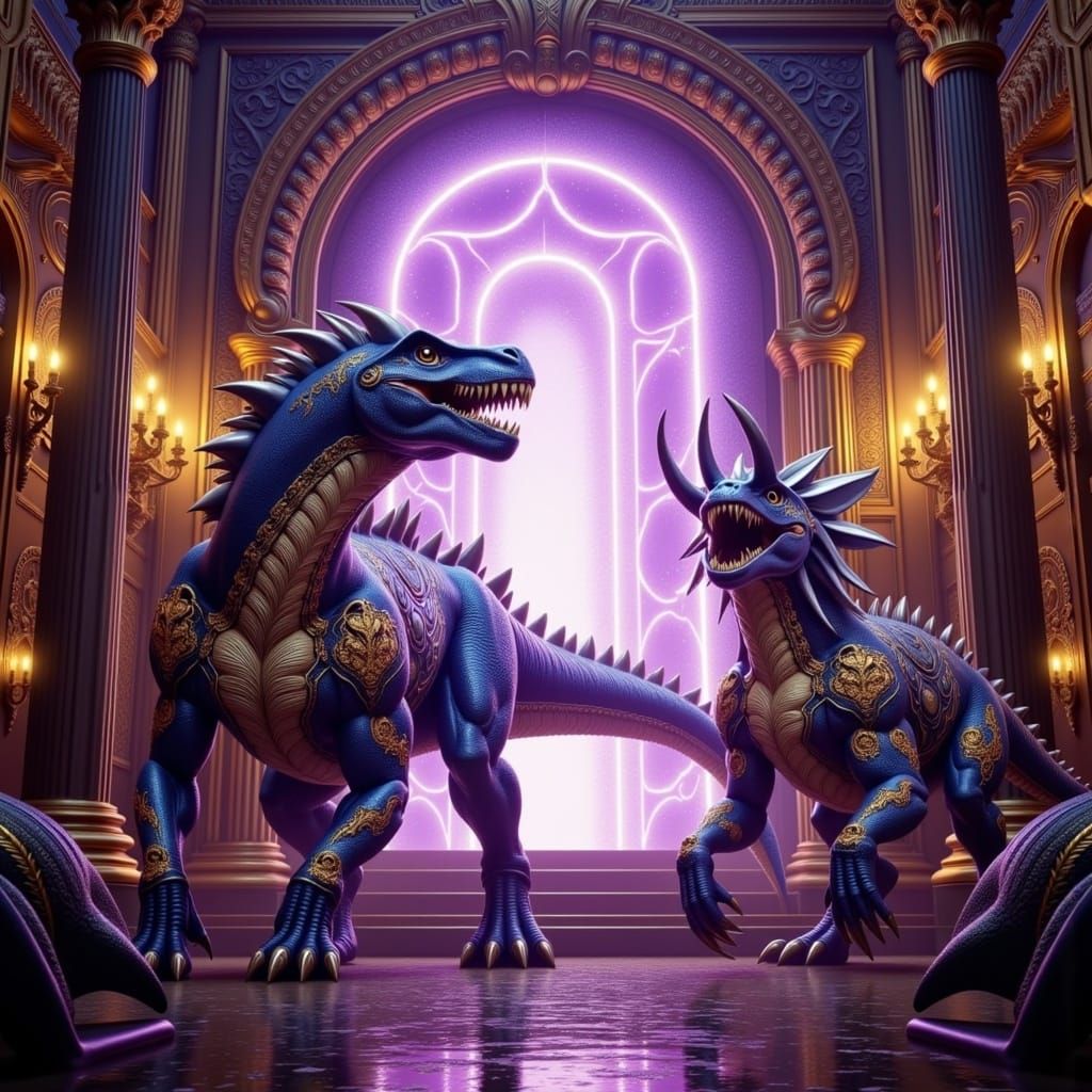 Baroque Portal With Dinosaurs in Elaborate Costumes