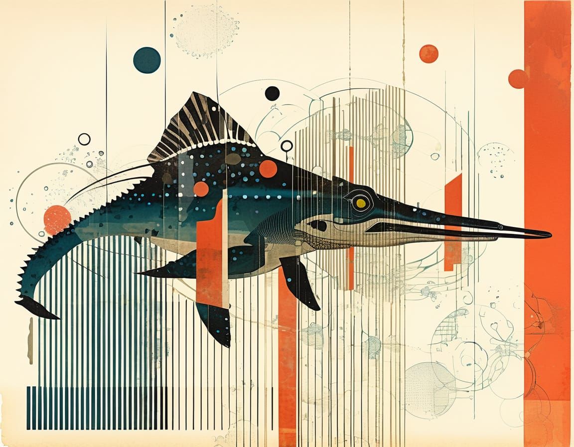 Ukiyo-e Ichthyosaurus Double Exposure Collage