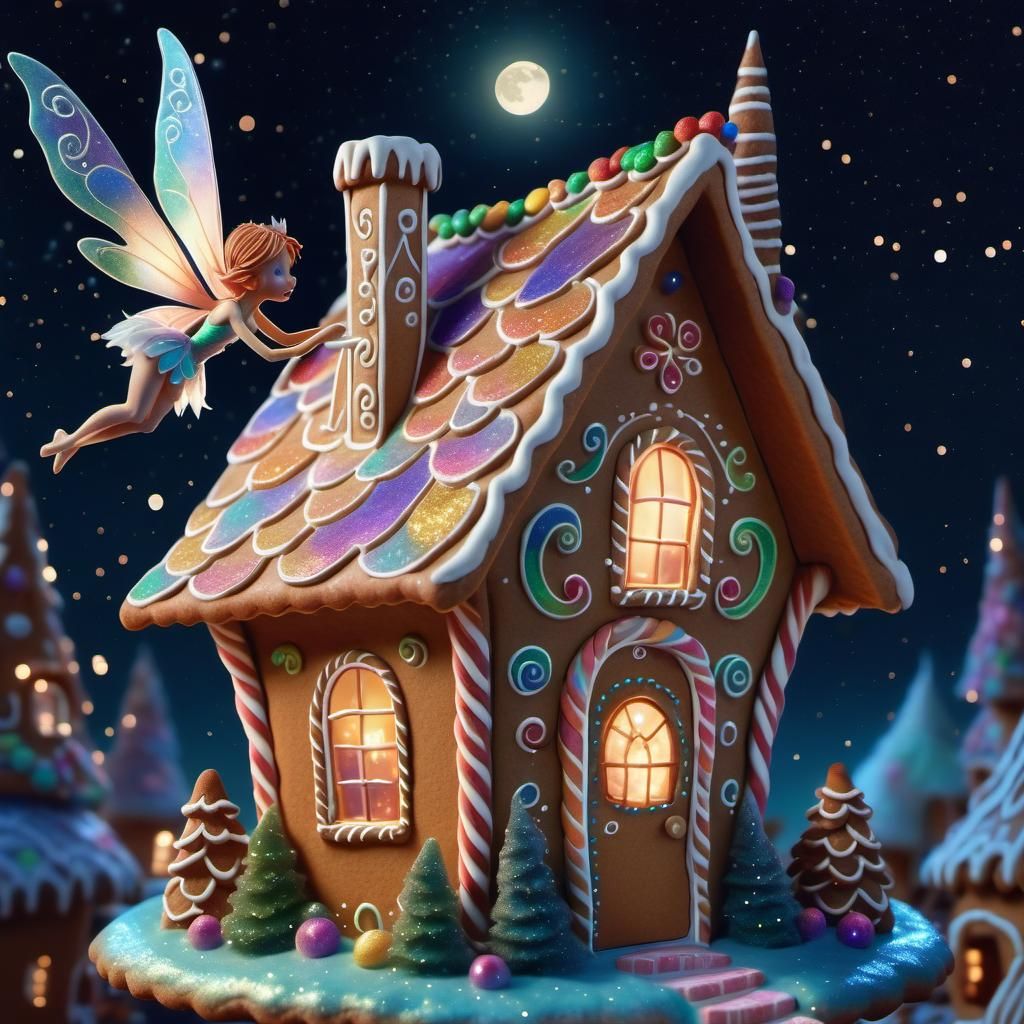 Fairy Visits Gingerbread House Under Starry Sky