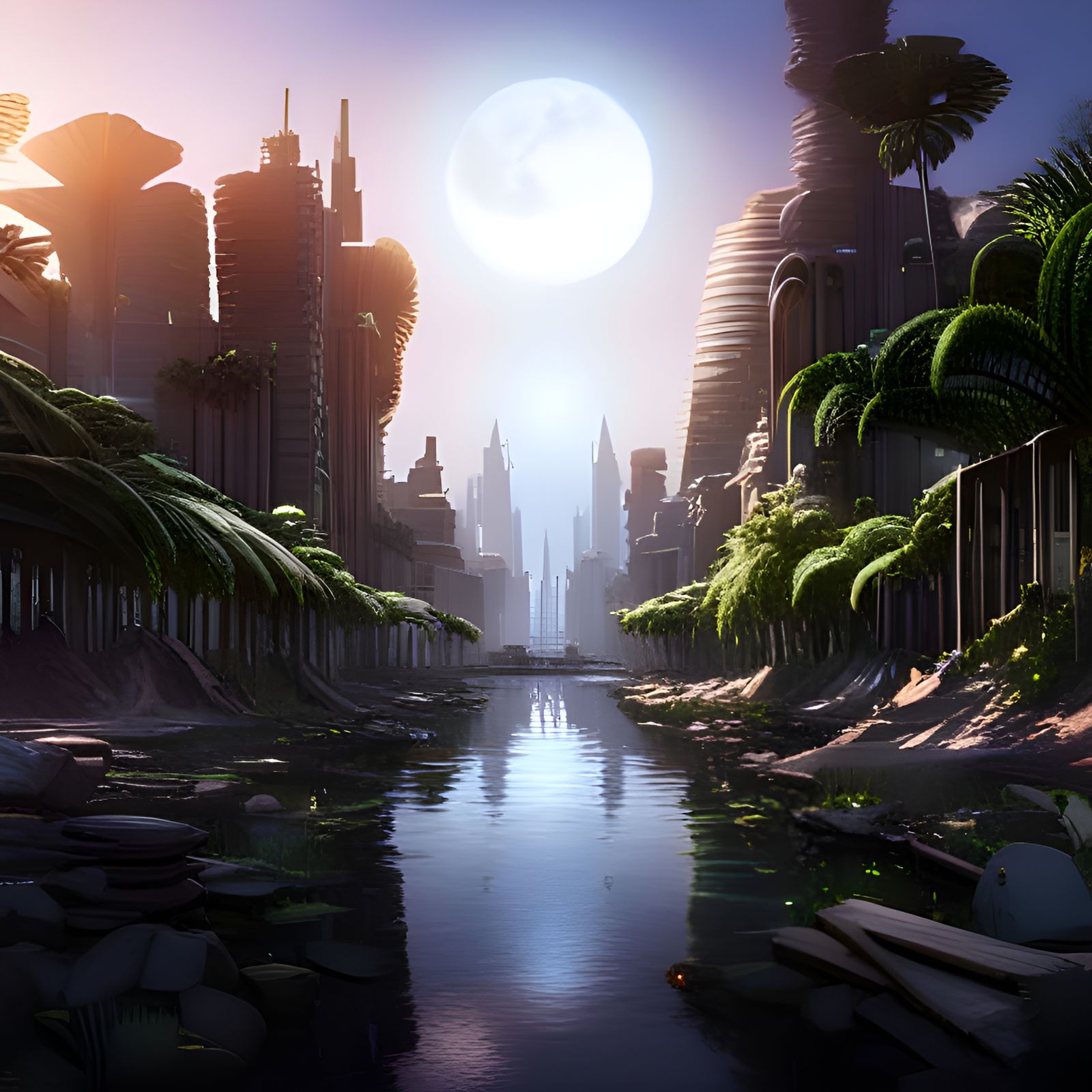 Futuristic City in Forest, Digital Art