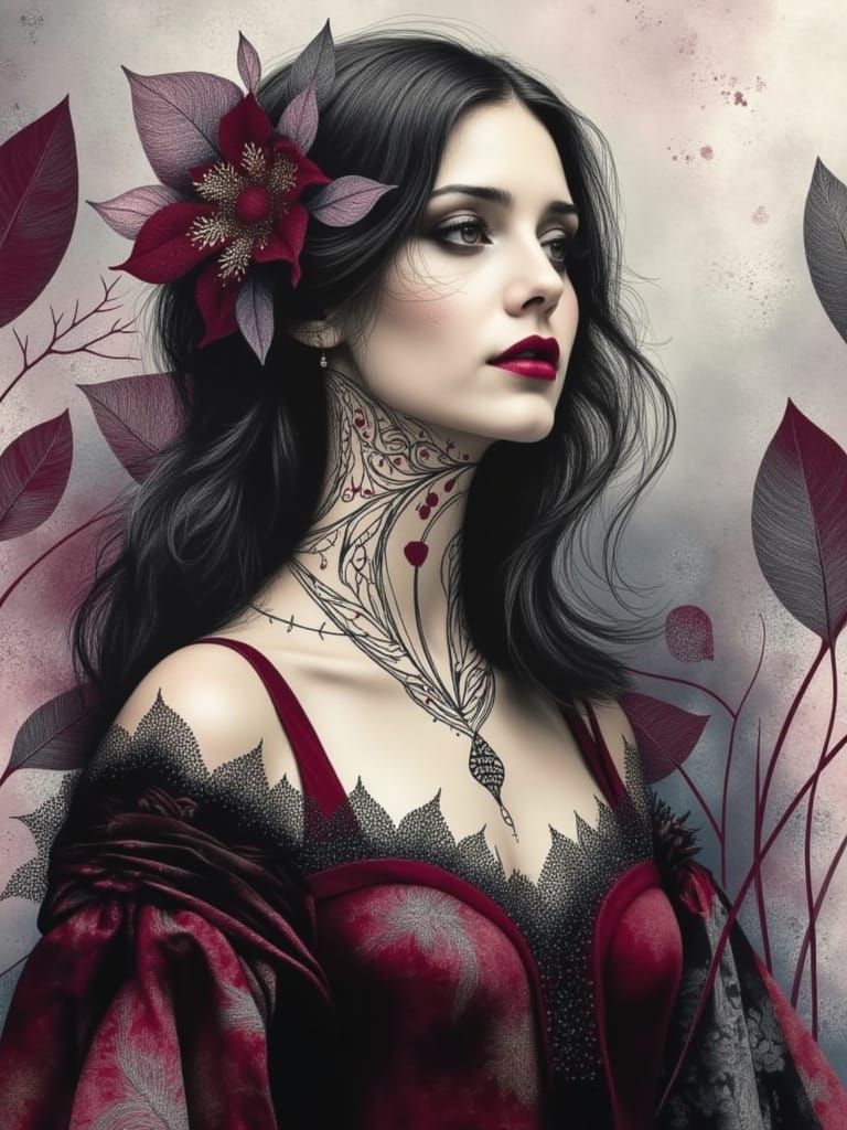 Woman Silhouette in Ornate Attire with Vibrant Foliage