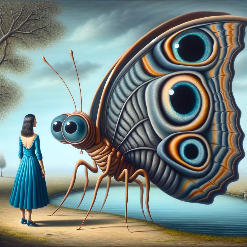 Surreal Butterfly Confused by Woman in Dreamlike Scene