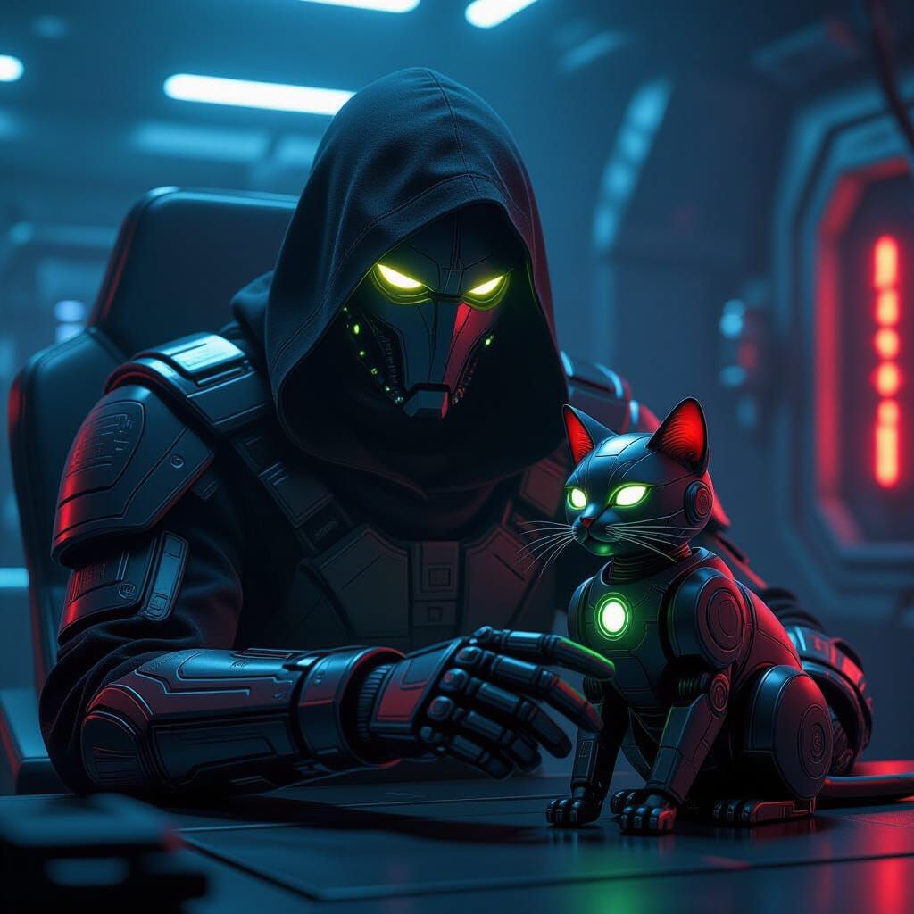 Shadowy Mastermind in High-Tech Lair, Digital Painting