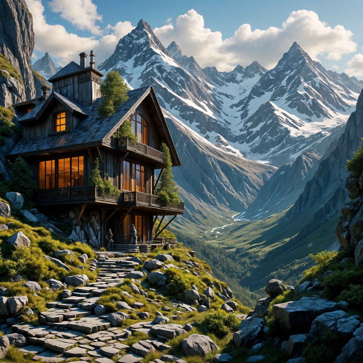Futuristic Swiss Alps Cabin in Digital Painting Style