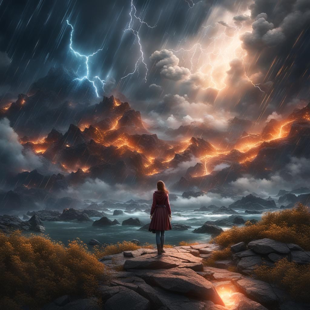 Beautiful Woman Under Stormy Sky: Fantasy Concept Art