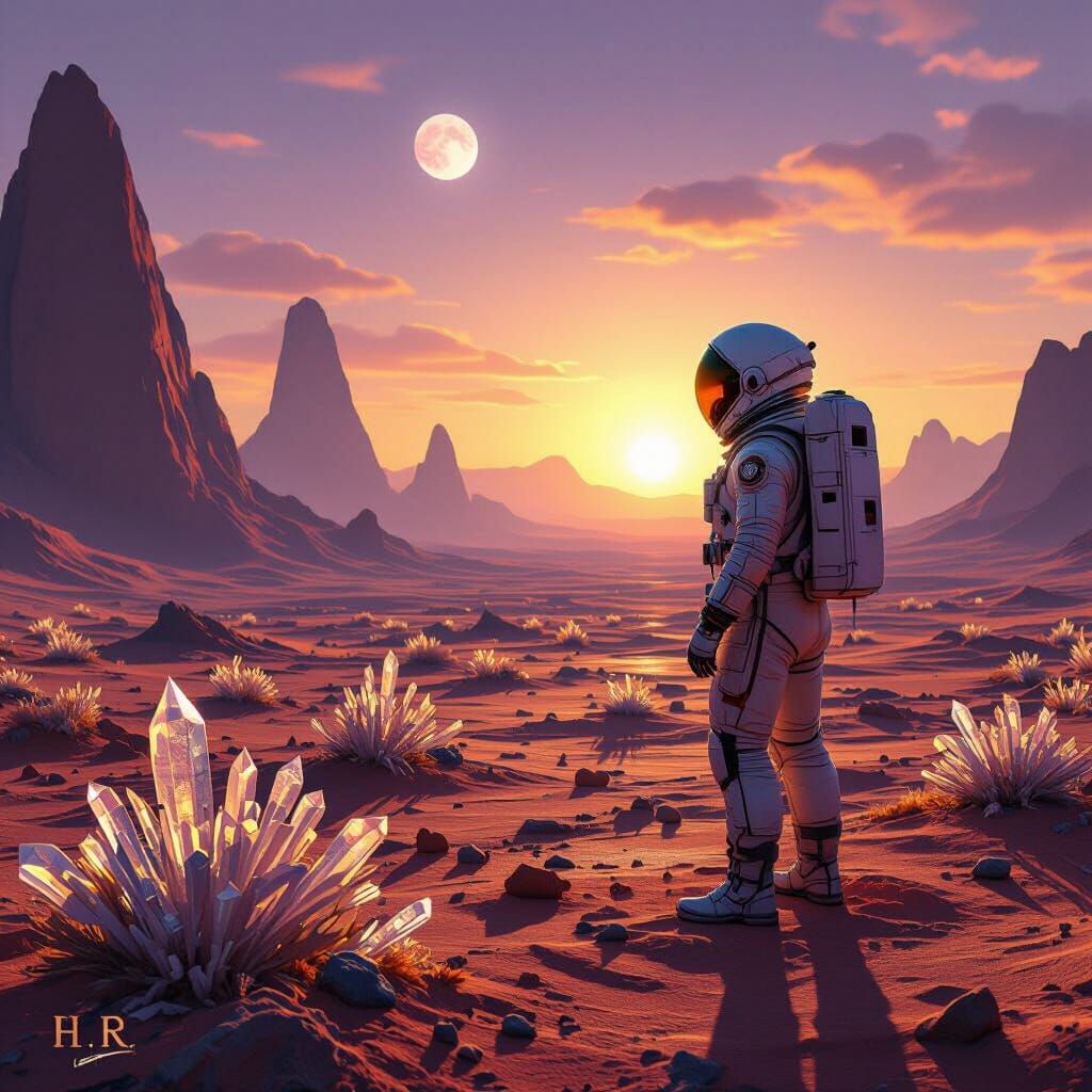 Astronaut on Alien Planet Under Binary Sunset