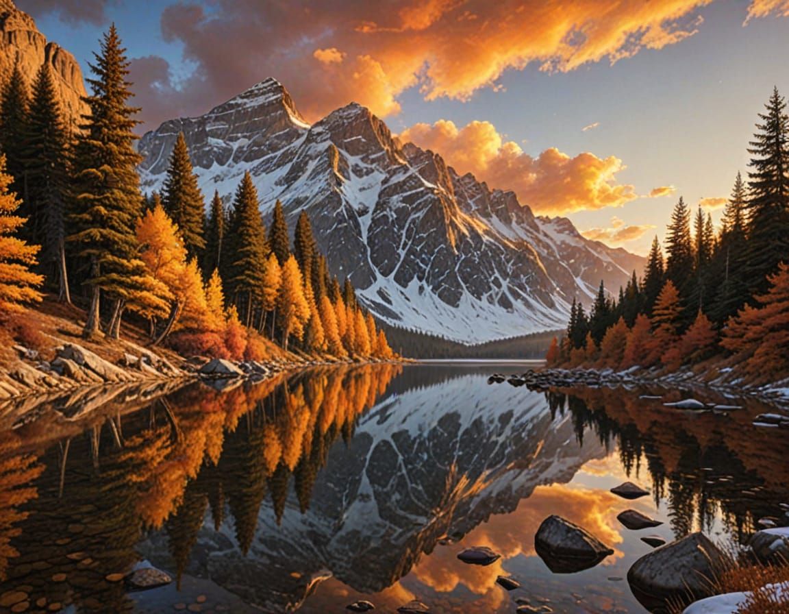 Majestic Mountain Lake Sunset Fantasy Art