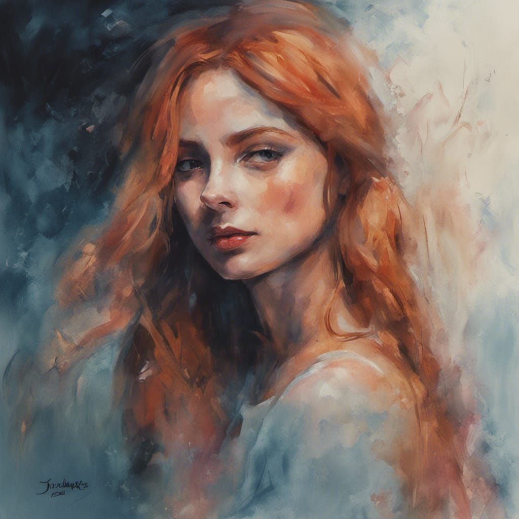 Auburn Woman in Moonlit Watercolor Landscape