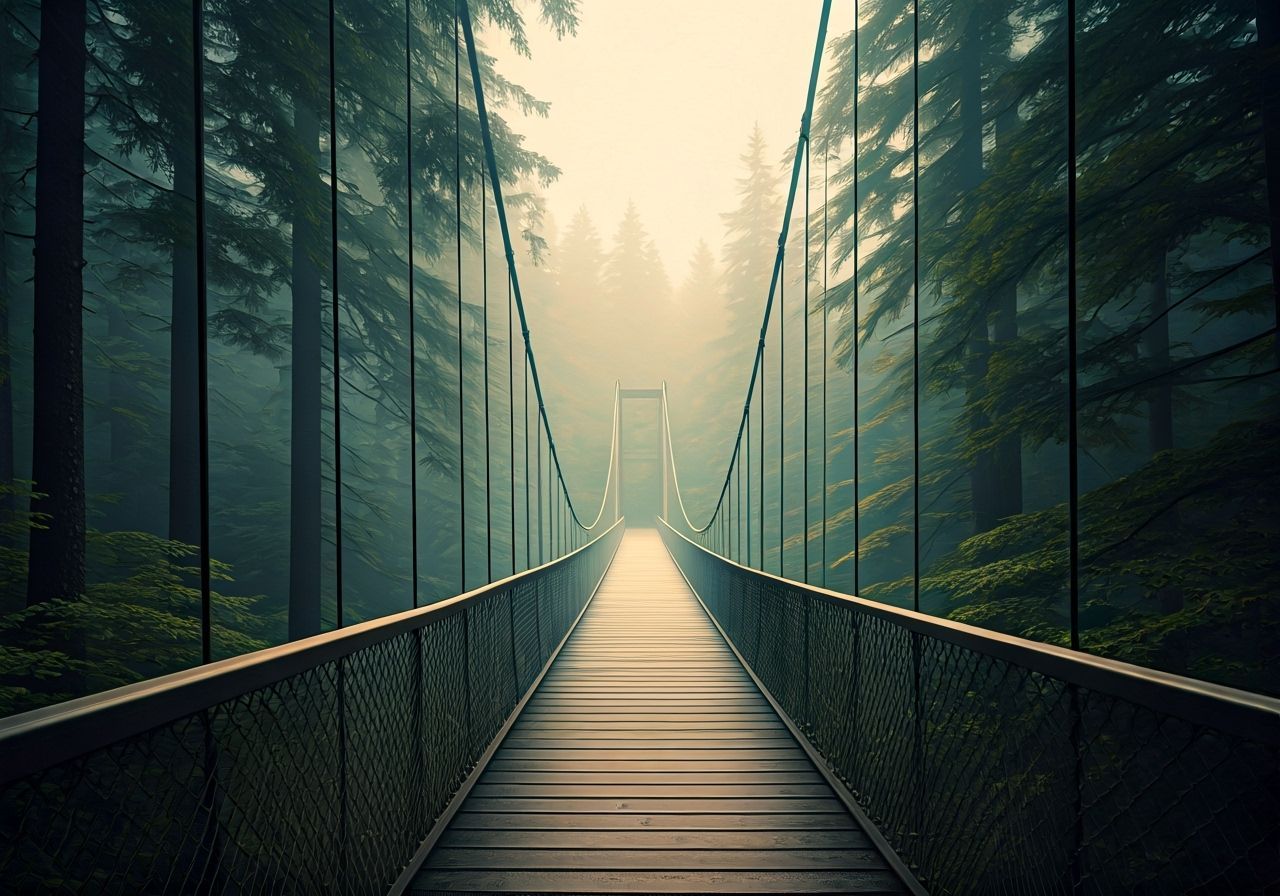 Bridge in a foggy forest
