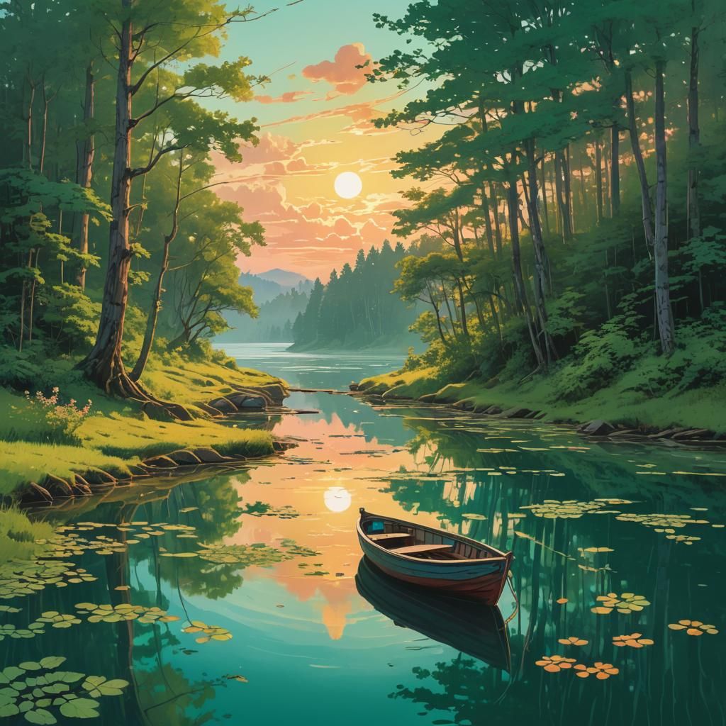 Wooden Boat Drifting in Emerald Stream at Sunset