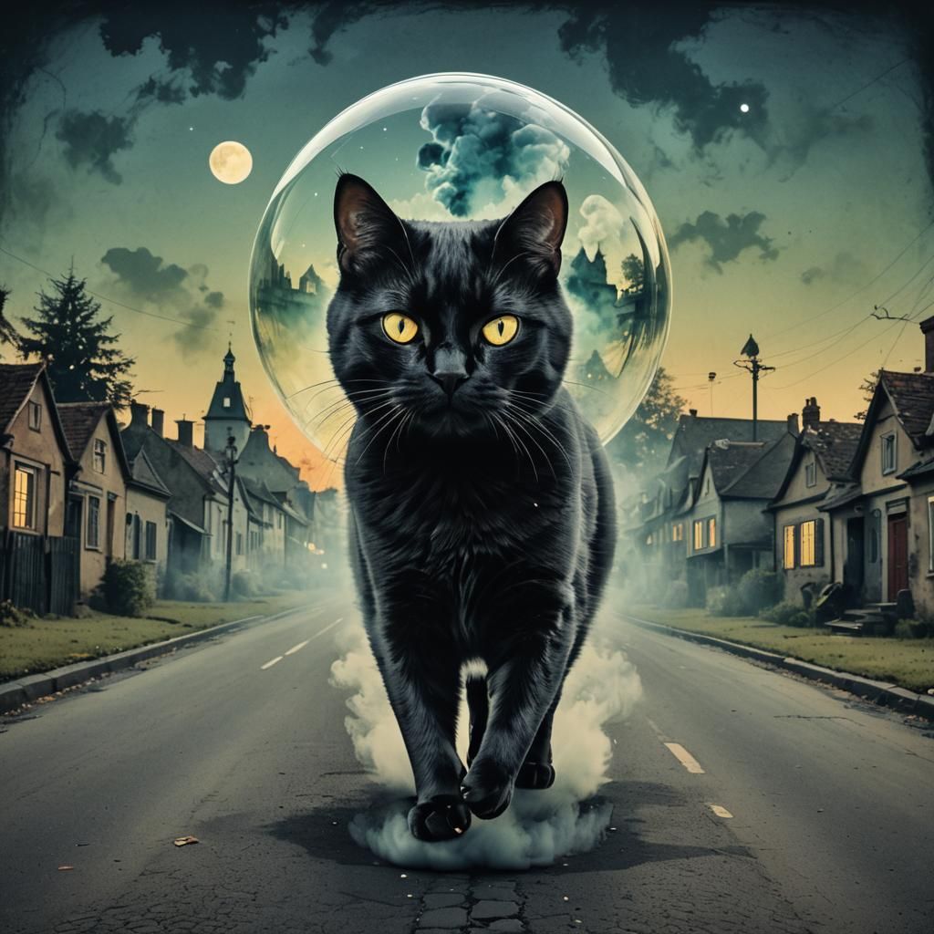 Black Cat Crossing a Smoky Street in Pop Art Style