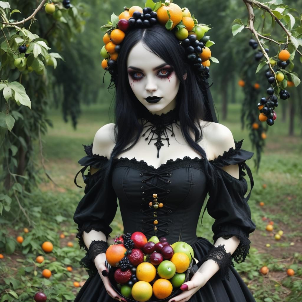 Most beautiful Gothic girl made of fruit, bucket,