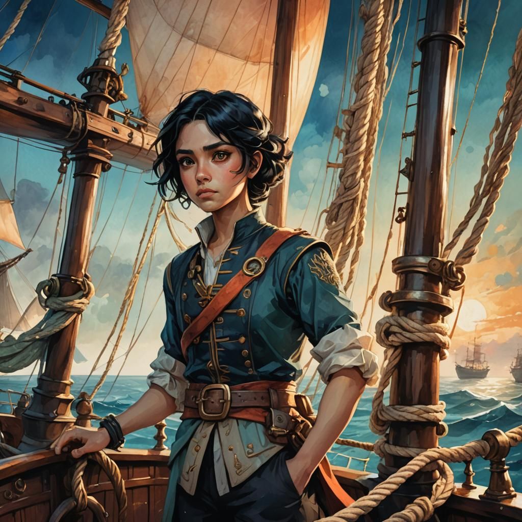 Adventurer on Deck in Watercolor Fantasy Art