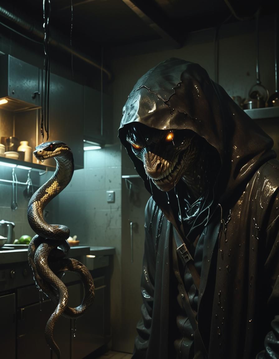 Eerie Snake Cultist in Grimy Industrial Kitchen