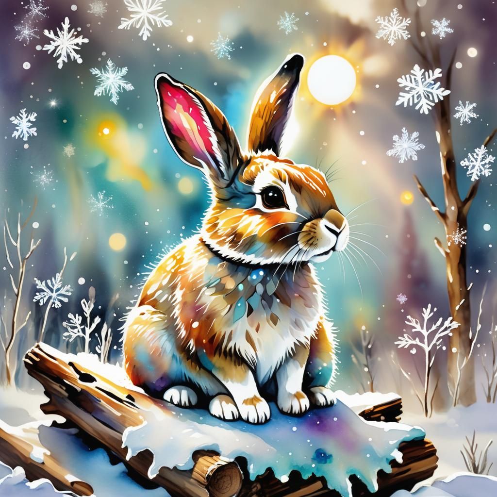 Rabbit in Snowstorm: Alcohol Ink Illustration
