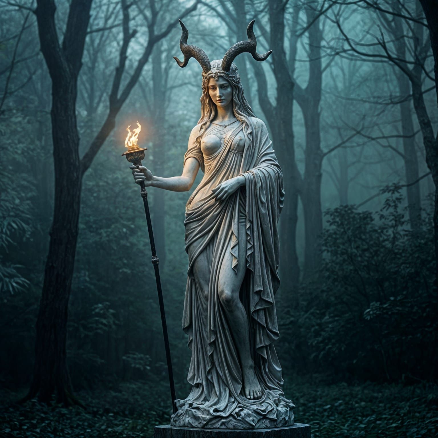 Hyperrealistic Hecate Statue in Enchanted Forest