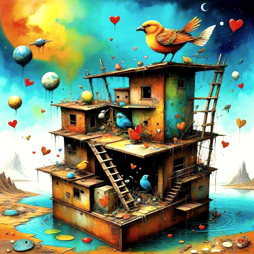 Surreal Birds in a Vibrant Mixed Media Box Scene