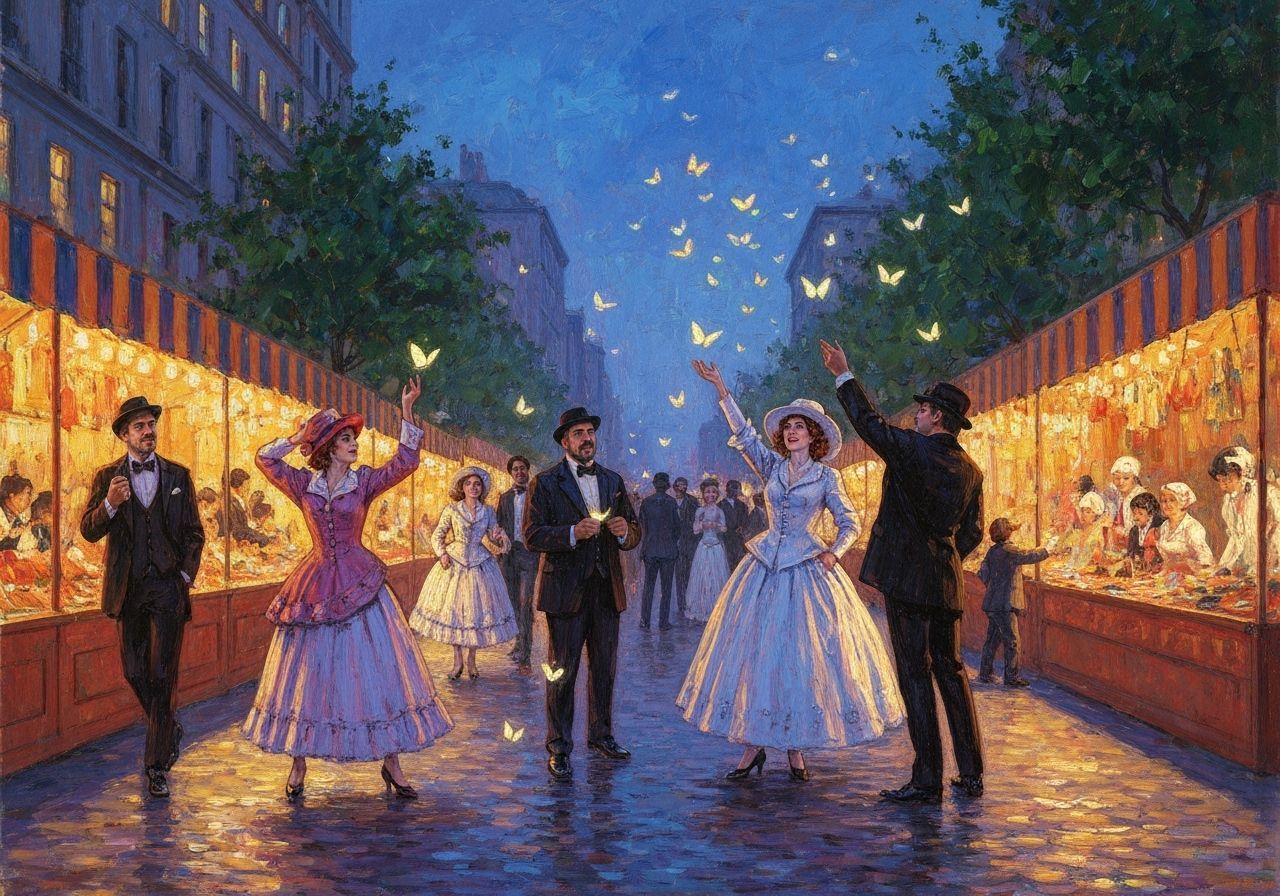 Street Festival with Glowing Butterflies in Twilight