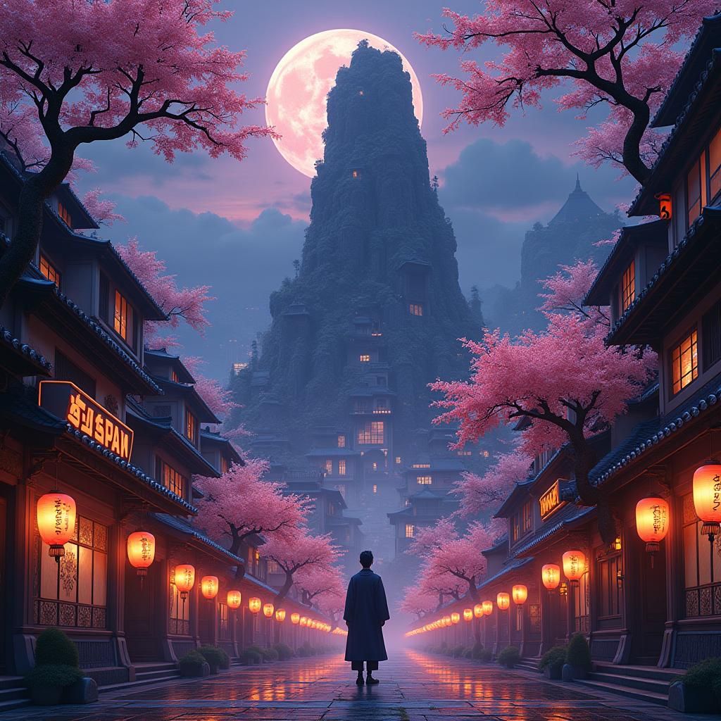 Hero in Mystical Japanese Cityscape at Twilight
