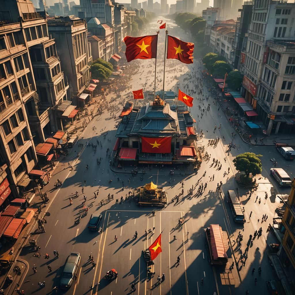 Majestic Vietnamese Flag Waving in Hanoi Square