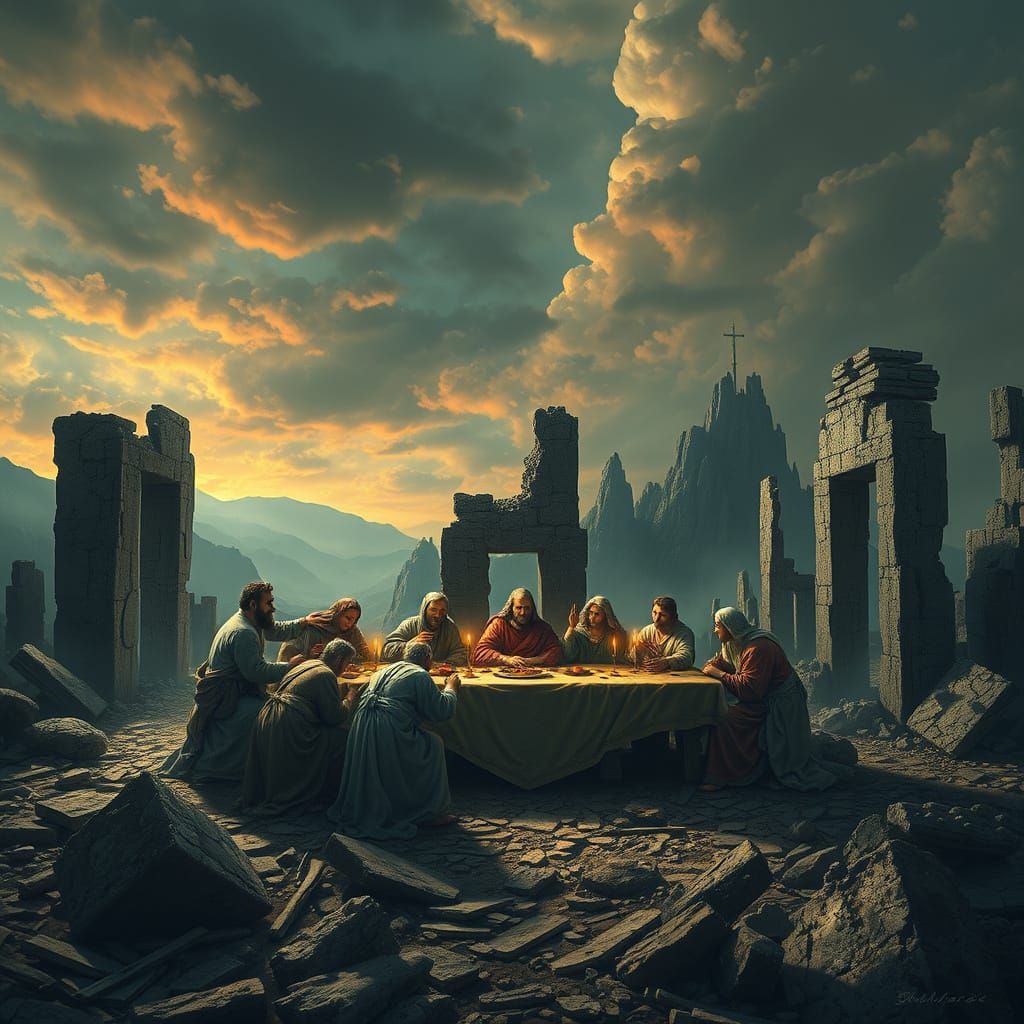 Dystopian Ruins Last Supper in Darkened Landscapes