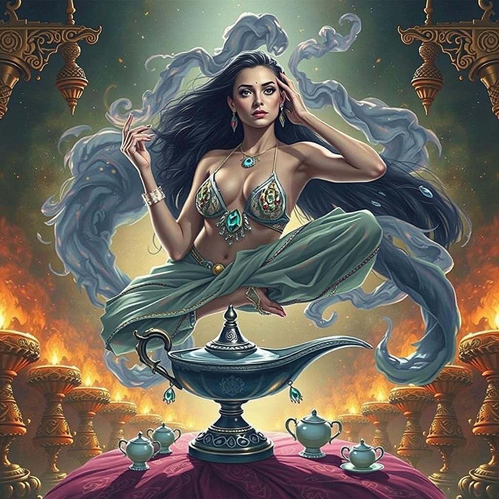 Mystical female genie emerging from the opening of an ornate...