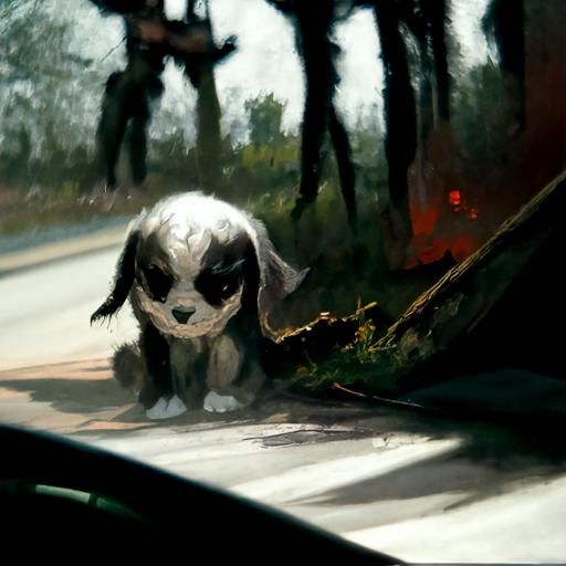 Sinister Puppy on Roadside, Greg Rutkowski Style