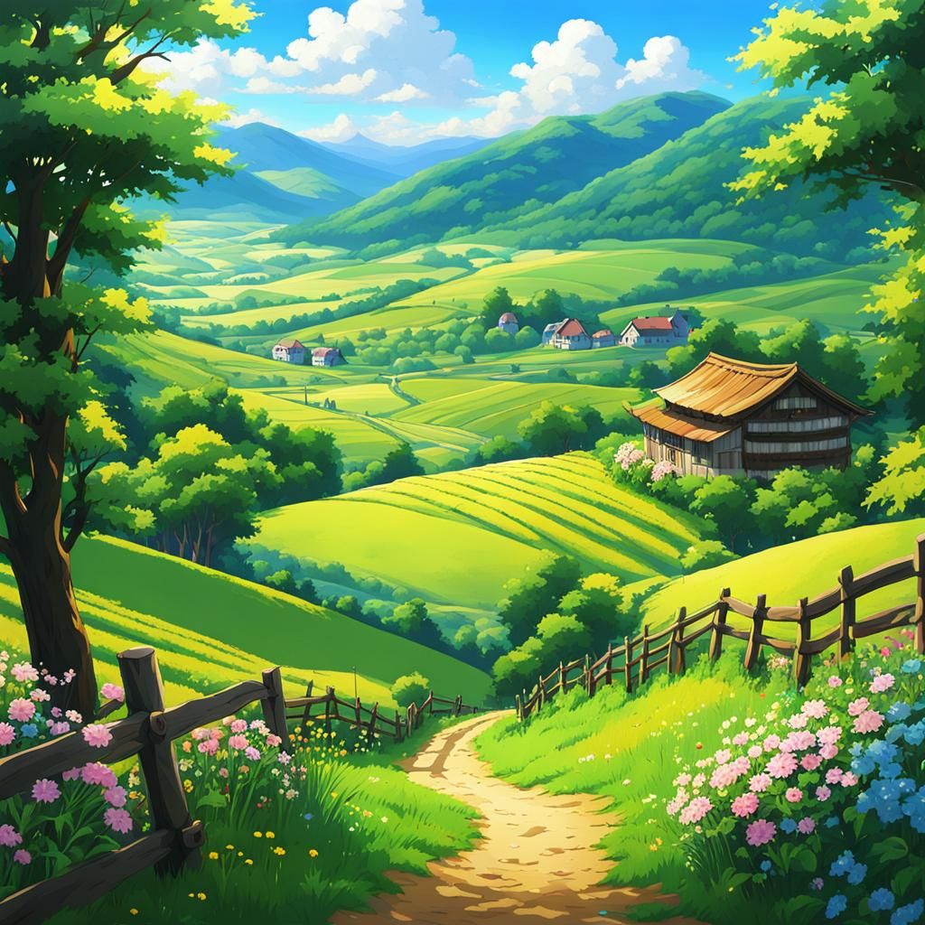 Anime Style Bucolic Countryside Landscape