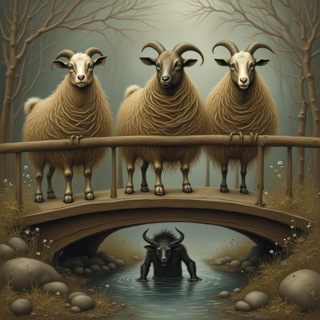 Goats, Bridge, and Troll in Dark Fantasy Style