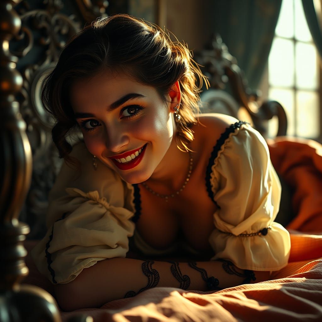 Elegant Woman on Antique Bed, Oil Painting