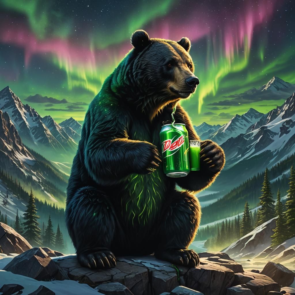 Big  blackbear drinking mountain dew. Auroraborealis in the ...