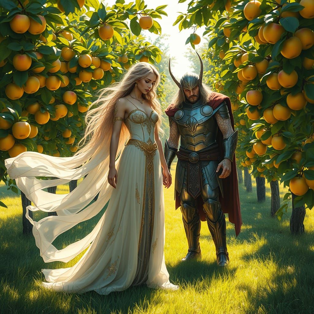 Norse Goddess Idunn and God of Thunder Thor in a Vibrant Orc...