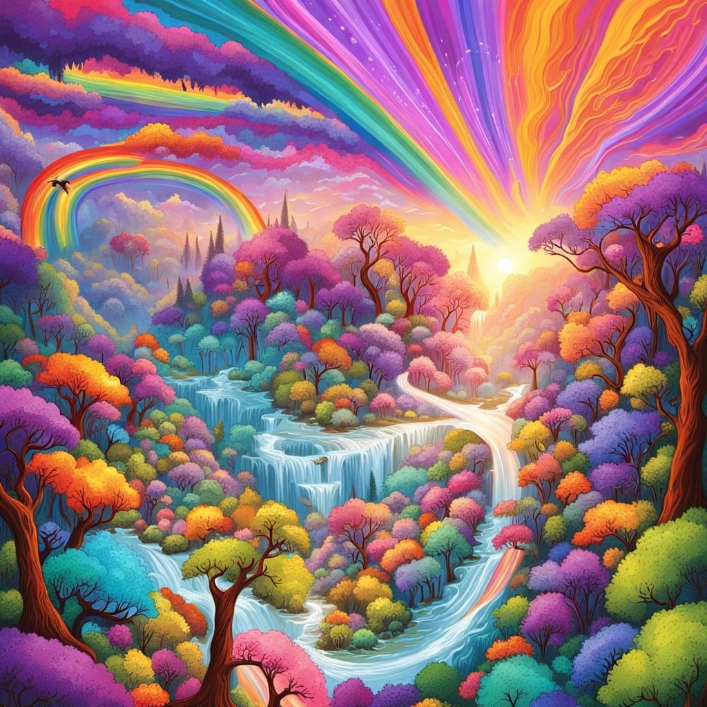 Vivid Fantasy Landscape with Colorful Paint Streams