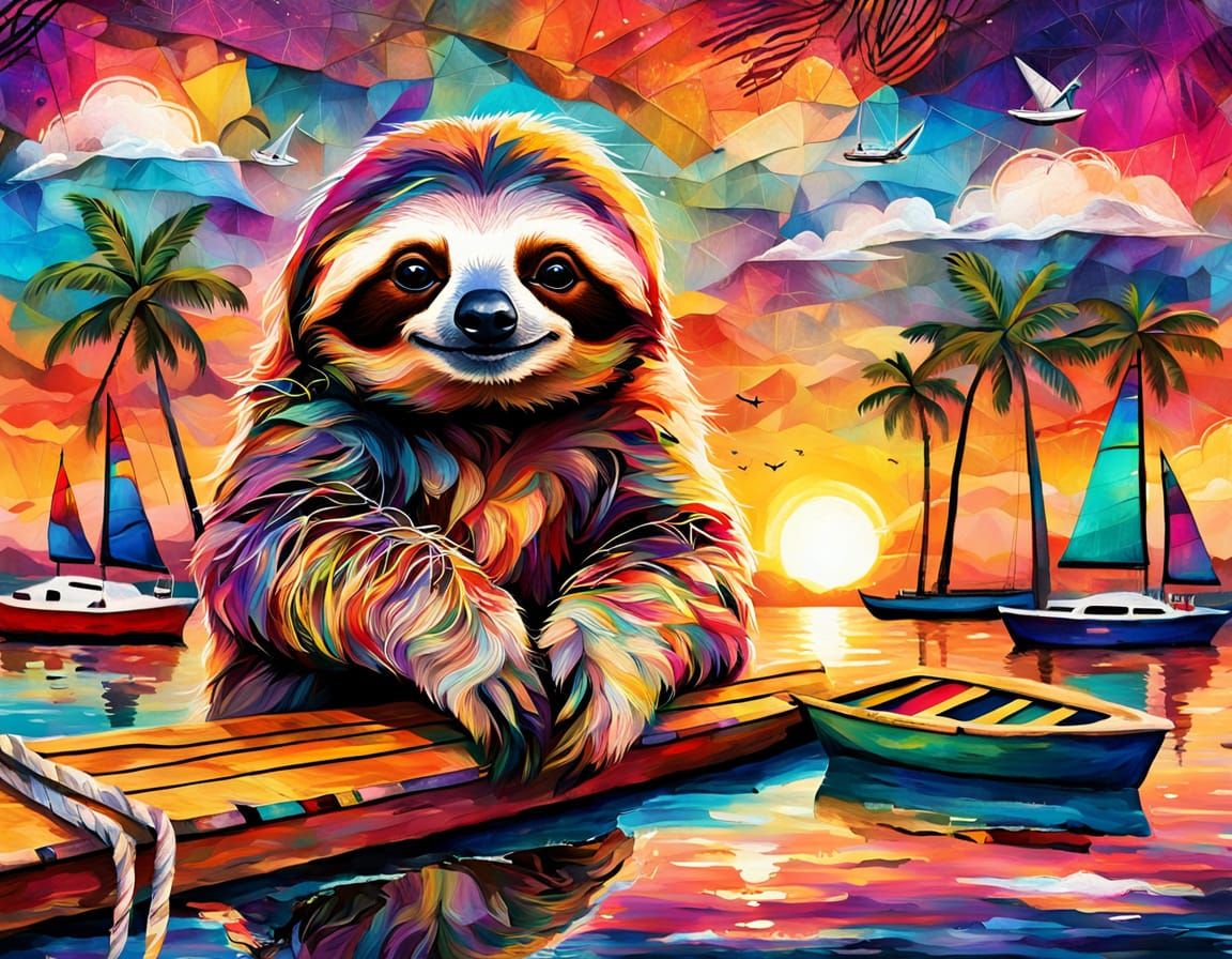 Realistic Sloth on Dock at Sunset in Mixed Media Style