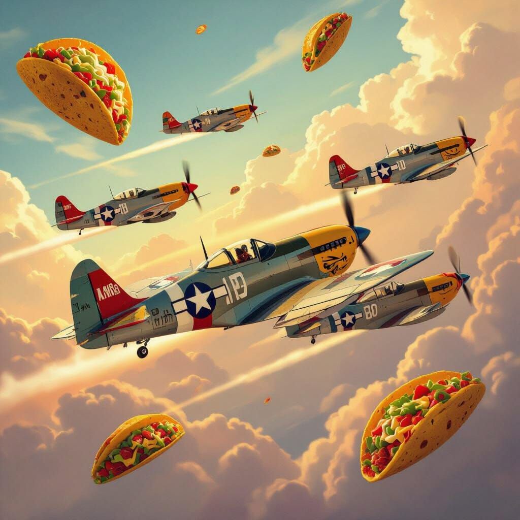 WWII Cat Jets Battle Giant Tacos in Retro-Futuristic Sky