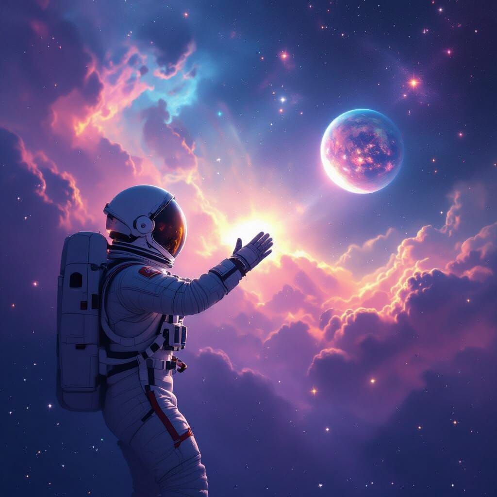 Astronaut Drifting in Nebula: Impressionistic Space Art