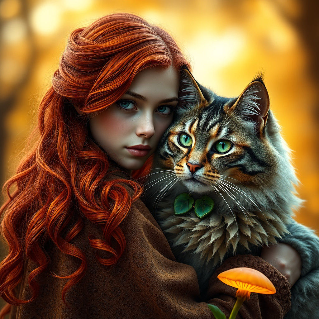 Woman with Red Hair and Green Cat in Fantasy Art