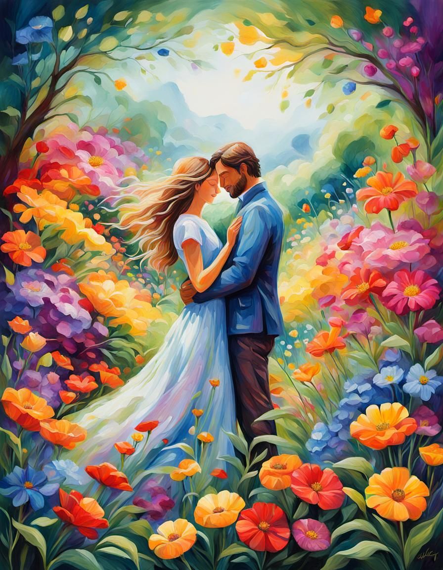 Loving Couple Embrace in Vivid Botanical Garden