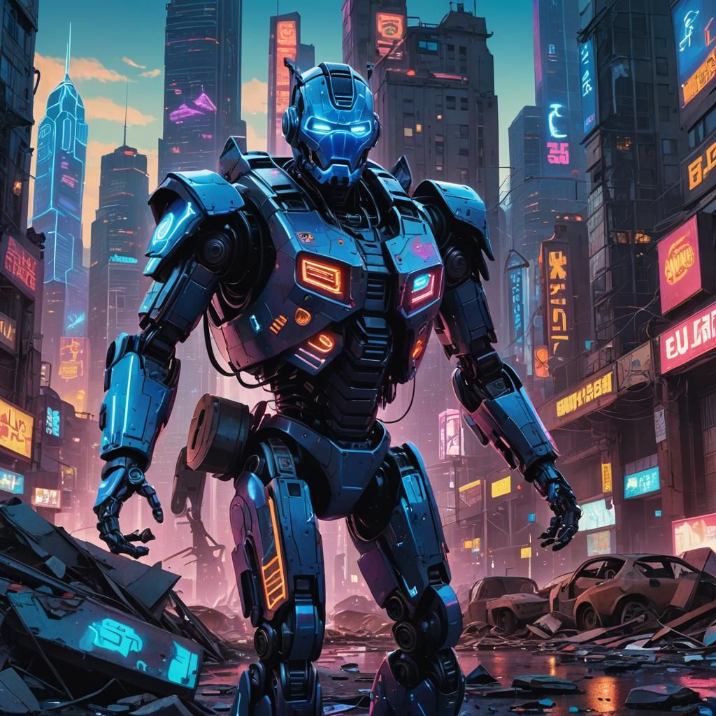 Humanoid Robot Invades Illinois in Neon Sci-Fi Style