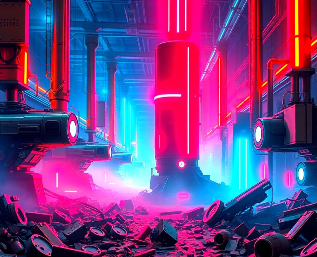 Futuristic Robot Factory with Neon Lights