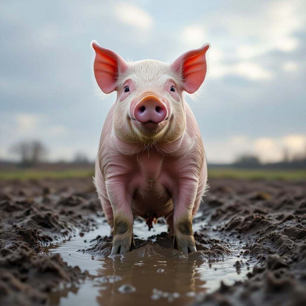 Bewildered Pig Stands Upright in Mud