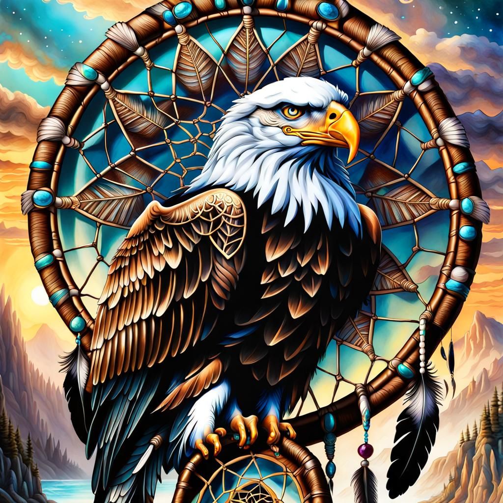 Detailed Dream Catcher with Eagle in Airbrush Style