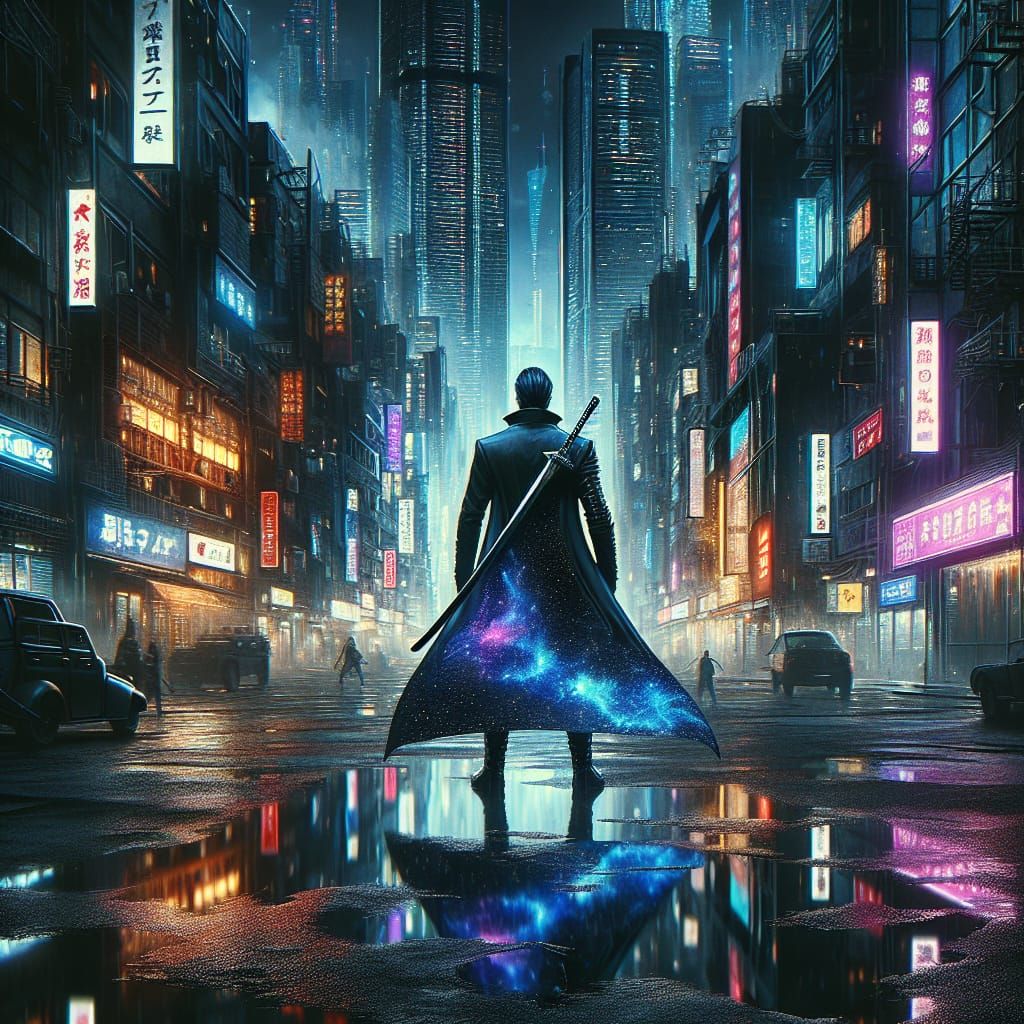 Cyberpunk Swordsman in Galaxy Cape: Matte Painting